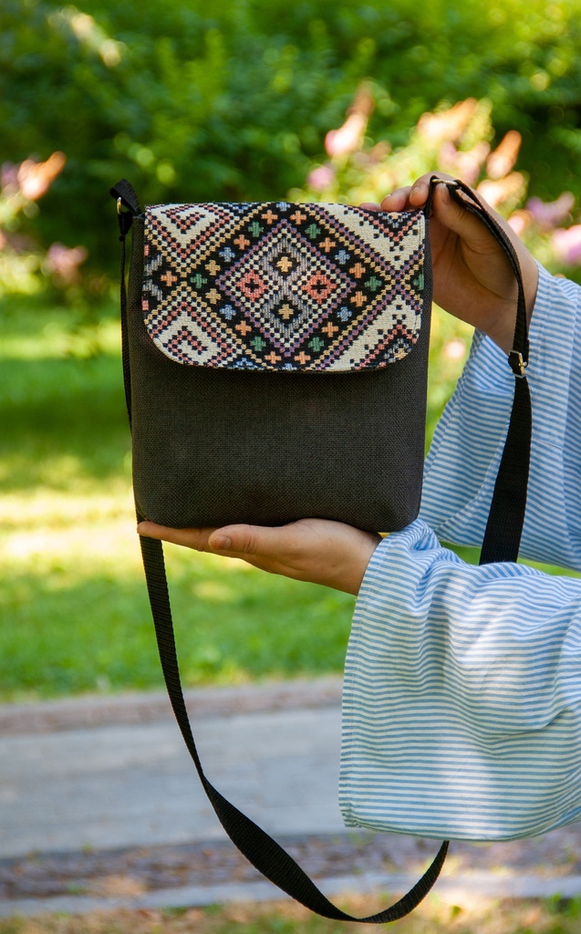 [crb-blackethnic-dgrey-m] Crossbody Bag Black Ethnic Dark Grey M